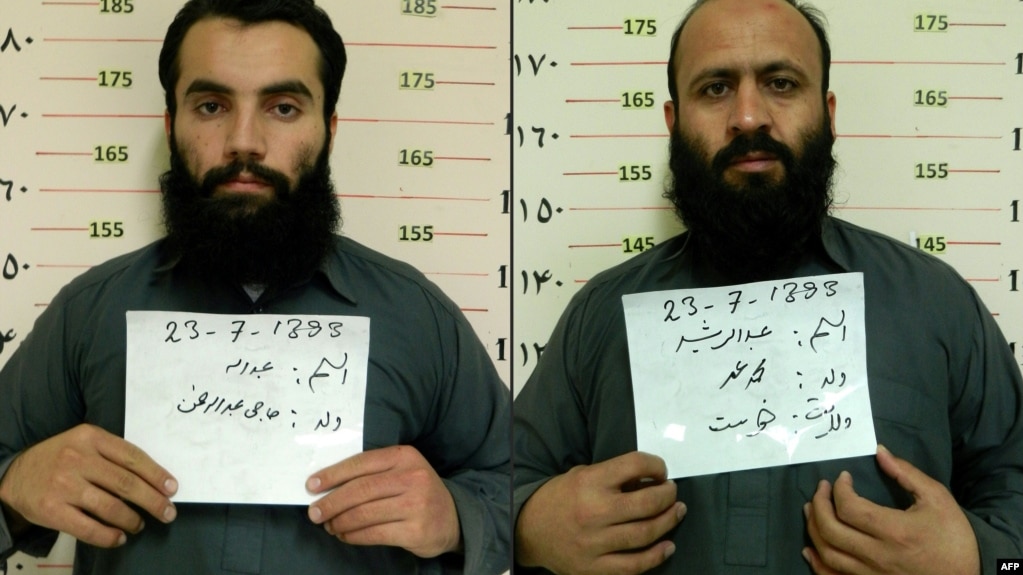A combo photo shows two Taliban prisoners, Anas Haqqani (left) and Hafiz Rashid, who were released in November 2019.