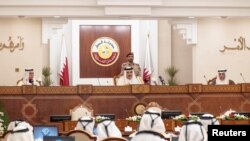 Qatar's Emir Sheikh Tamim bin Hamad al-Thani speaks to the country's consultative Shoura council in Doha, Qatar, November 6, 2018. Qatar News Agency/Handout via REUTERS ATTENTION EDITORS - THIS PICTURE WAS PROVIDED BY A THIRD PARTY.