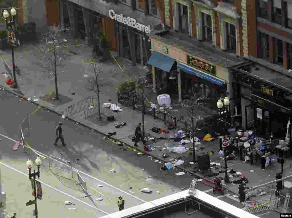 Debris is seen along Boylston Street in the aftermath of the blasts.