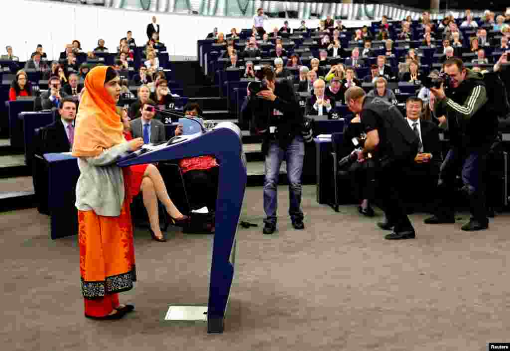 Yousafzai addresses the European Parliament after she received the 2013 Sakharov Prize for Freedom of Thought&nbsp;at an award ceremony in Strasbourg, France, on November 20, 2013.