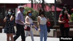 People wearing face masks in downtown Yerevan at the height of the coronavirus epidemic in June 2020