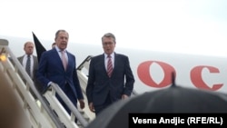 Russian Foreign Minister Sergei Lavrov was met by Serbia's Foreign Minister Ivica Dacic in Belgrade on June 16.