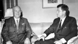 Austria -- Soviet leader Nikita Sergeyevich Khrushchev (L) and U.S. president John Fitzgerald Kennedy meet at the residence of the US ambassador in Vienna, June 3, 1961