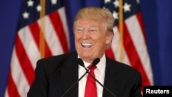 U.S. -- Republican presidential candidate Donald Trump speaks about the results of the Michigan, Mississippi and other primary elections during a news conference held at his Trump National Golf Club in Jupiter, Florida, March 8, 2016