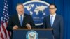 U.S. Secretary of State Mike Pompeo (left) and U.S. Treasury Secretary Steven Mnuchin announce sanctions against Iran during a news conference at the Foreign Press Center in Washington, D.C., on November 5.