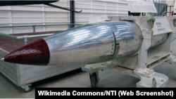 A B61 nuclear bomb on display at the Pima Air and Space Museum in Tucson, Arizona.