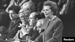 U.K. Prime Minister Margaret Thatcher gives the final address of the Conservative Convention in Brighton in October 1988.