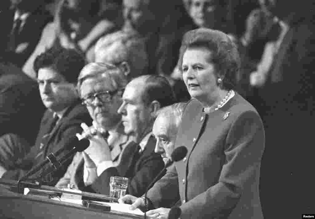 Margaret Thatcher delivers the final address of the Conservative Party Convention in Brighton in October 1988.