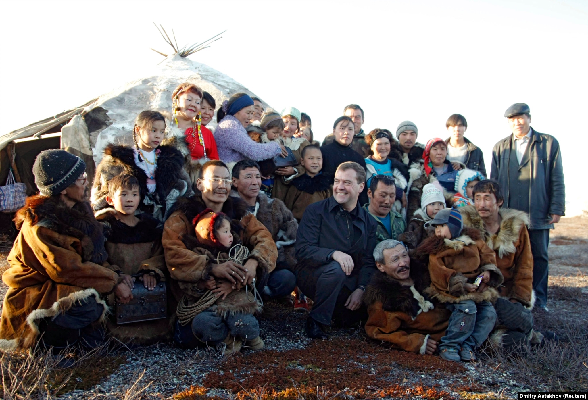 On September 23, 2008, Medvedev poses with reindeer herders in the town of Kanchalan in Russia's Chukotka region.