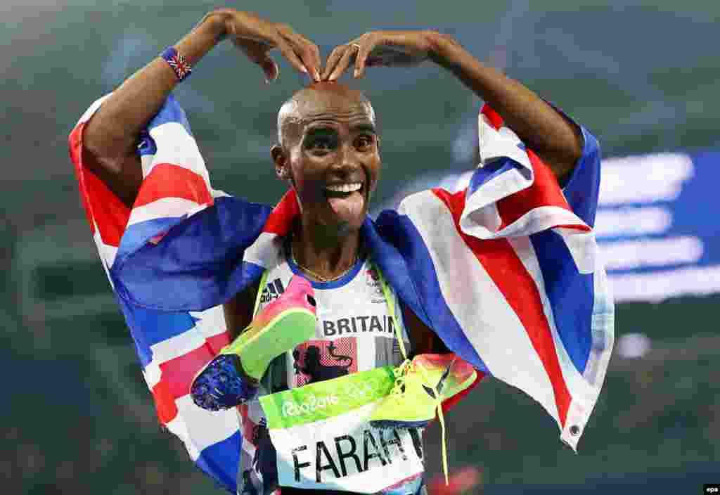 Mo Farah of Britain celebrates after winning the men's 5,000-meter final, his second in succession. He is Britan's most successful Olympic track-and-field athlete of all time. Kenyan-born American Paul Chelimo took silver, while Ethiopia's Hagos Gebrehiwet claimed bronze.