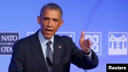 U.K. -- U.S. President Barack Obama speaks at a news conference on the second and final day of the NATO summit at the Celtic Manor resort, near Newport, in Wales September 5, 2014. 