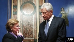 Senate Appropriations Committee Chairman Barbara Mikulski meets with the president's nominee for secretary of defense and former Senator Chuck Hagel in Washington on February 7, 2013.