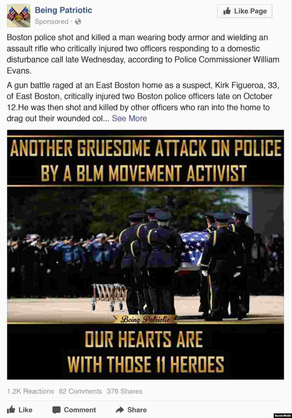 А эта реклама направлена на дискредитацию кампании Black Lives Matter против полицейского насилия. В ней утверждается, что активист BLM убил полицейского. &laquo;Еще одно отвратительное нападение&raquo;, &ndash; гласит реклама.&nbsp;