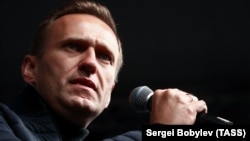 Russian opposition activist Alexei Navalny addresses a rally in Moscow on September 29. 