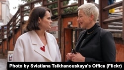 Belarusian oppositionists Svyatlana Tsikhanouskaya and Mariyya Kalesnikava in Venice earlier this month. 