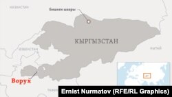 Кыргызстандын картасы жана анын ичиндеги Ворух анклавы. Анклав Тажикстанга карайт.
