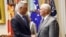 Kosovo President Hashim Thaci (left) is received at the White House by U.S. Vice President Mike Pence in Washington, D.C., on September 29.