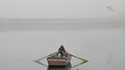 PAKISTAN - A man rows his boat in the waters of river Ravi engulfed in smog in Lahore on November 13, 2024.