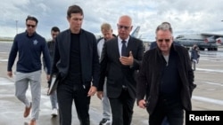 Russian presidential envoy Kirill Dmitriev (center) walks with US special representatives Jared Kushner (left) and Steve Witkoff (right) in Moscow on September 5.