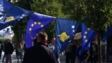 Kosovo - Prishtina decorated with state symbols, and also EU flag, 5 April 2016