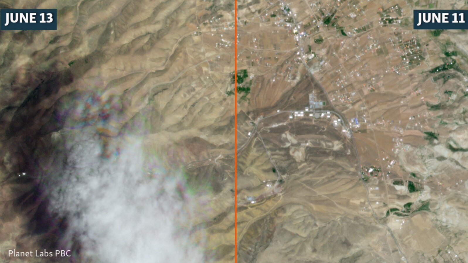Satellite images captured by Planet Lab, Iran's Tabriz North missile base is shown before and after the Israeli air strikes, Teaser image