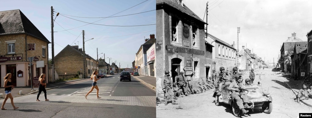 U.S. army paratroopers drive a captured German vehicle on D-Day in Carentan, France.