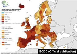 Incidența cumulativă a cazurilor de coronavirus în Europa (cazuri la 100.000 de locuitori)