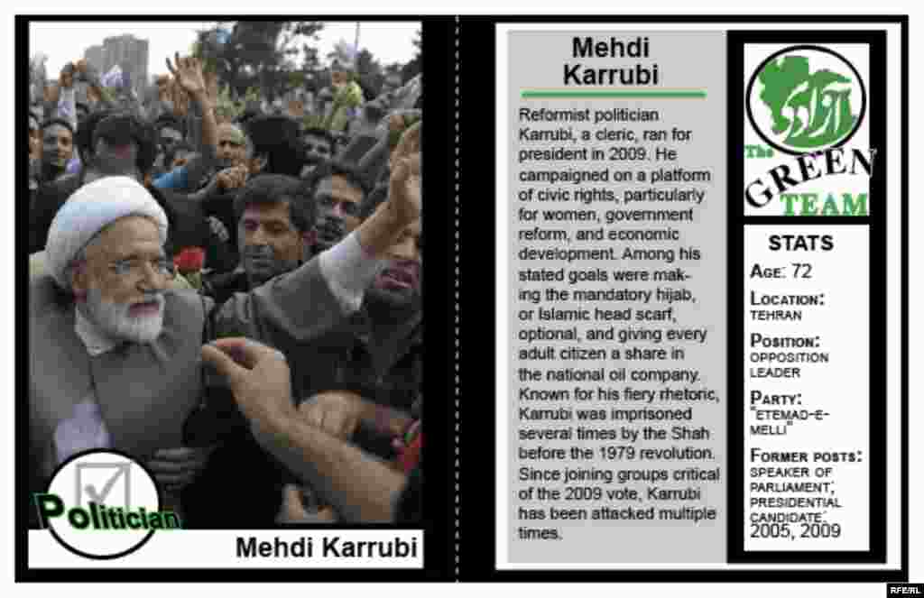 An RFE/RL primer, in the form of mock trading cards, on some key figures within the Green Movement that emerged after Iran's disputed 2009 election. Graphics and text by Kristin Deasy