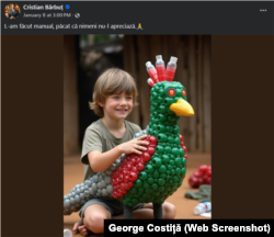 Imagine generată de AI publicată de pagina de Facebook Cristian Bărbuț. Acest tip de imagini sunt publicate de cel puțin alte câteva zeci sau chiar sute de pagini.