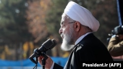 Iranian President Hassan Rohani gives a public speech during a trip to the northern Iranian city of Shahroud on December 4.