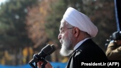 IRAN -- Iranian President Hassan Rohani gives a public speech during a trip to the northern Iranian city of Shahroud, December 4, 2018