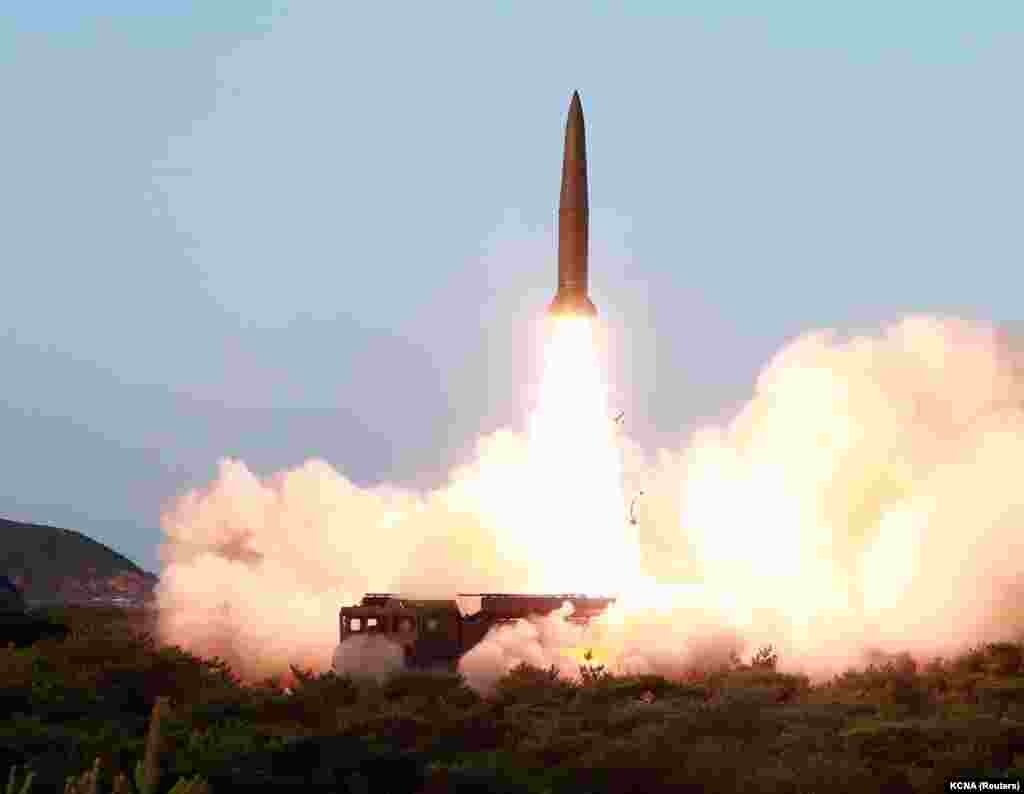 A July 2019 photo of a KN-23 ballistic missile undergoing tests in North Korea.The KN-23 is a vehicle-launched missile similar in appearance to Russia’s Iskander, but Ukraine’s military forensics analysis concluded that the weapons “are not direct copies of Soviet/Russian models.” The Ukrainian report describes them as being some 50 percent longer than Iskanders, allowing them to achieve a similar range despite using less efficient fuel.