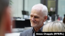 Нобелівський лауреат Алесь Беляцький під час відвідин Радіо Свобода 16 березня 2026 року