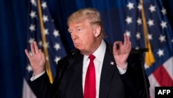 U.S. -- Republican presidential candidate Donald Trump delivers a foreign policy speech at the Mayflower Hotel in Washington, April 27, 2016