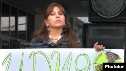 Armenia -- Opposition MP Zaruhi Postanjian attends a protest against possible uranium mining in Kapan, 11Nov2010.