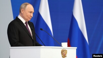 Presidenti rus, Vladimir Putin, gjatë fjalimit vjetor. Moskë, 29 shkurt 2024. 
