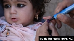 A polio vaccine being administered to a child in the southern Afghan region of Kandahar on September 17.