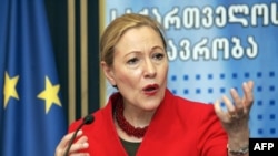 The EU's Benita Ferrero-Waldner speaks at a press conference in Tbilisi on January 20. "There are many, many things that still are missing," she said.