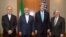 از راست: ارنست مونیز وزیر انرژی آمریکا، جان کری، وزیر خارجه آمریکا، محمدجواد ظریف، وزیر خارجه ایران، علی‌اکبر صالحی، مدیر سازمان انرژی اتمی ایران