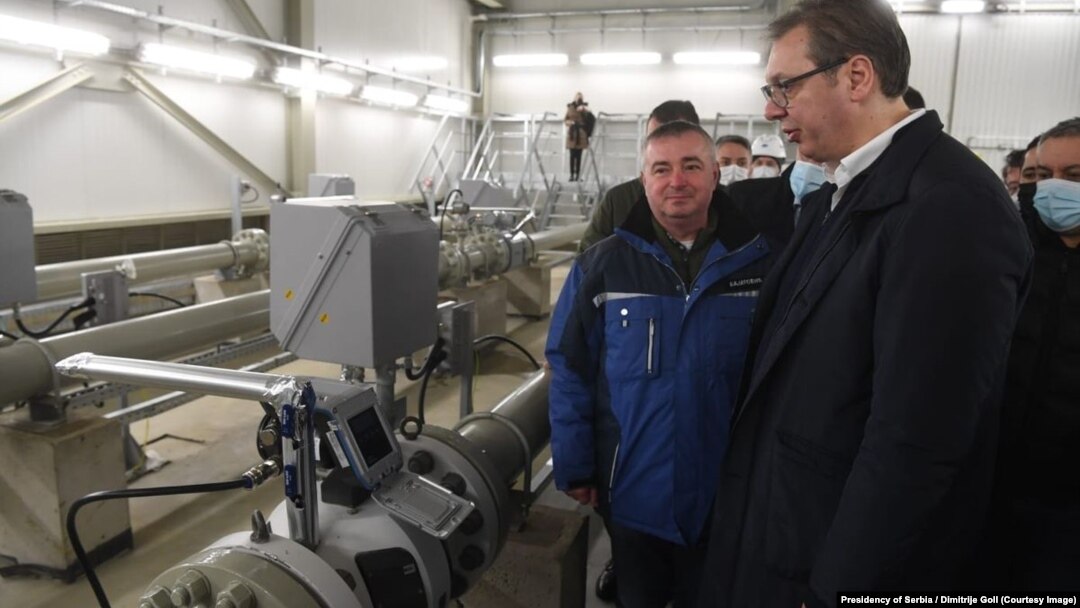 Serbian President Aleksandar Vucic (right) opens a new Balkan Stream gas pipeline in Gospodjinci, which runs through Serbia from the Bulgarian to the Hungarian border.