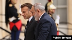 France - French President Emmanuel Macron meets with Armenian Prime Minister Nikol Pashinian, Paris, October 3, 2024.