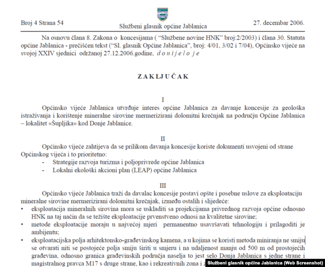 Odluka Općinskog vijeća u Službenom glasniku, decembar 2006.