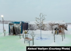 A tent is set up for ice bathing on the Epiphany holiday in Yakutsk.