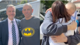 Picture shows RFE/RL President and CEO Stephen Capus with Ihar Karnei, a former journalist with RFE/RL's Belarusian Service (left) and Siarhei Tsikhanouski embracing his wife Svyatlana Tsikhanouskaya, Belarusian opposition leader (right).