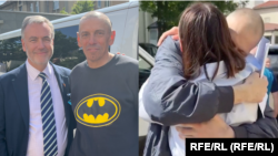 Picture shows RFE/RL President and CEO Stephen Capus with Ihar Karnei, a former journalist with RFE/RL's Belarusian Service (left) and Siarhei Tsikhanouski embracing his wife Svyatlana Tsikhanouskaya, Belarusian opposition leader (right).