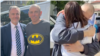 Predsednik i izvršni direktor RFE/RL Stiven Kapus sa Iharom Karnejem, bivšim novinarom beloruskog servisa RFE/RL (levo), i Serhej Tihanovski kako grli svoju suprugu Svjatlanu Tihanovsku, liderku beloruske opozicije (desno).