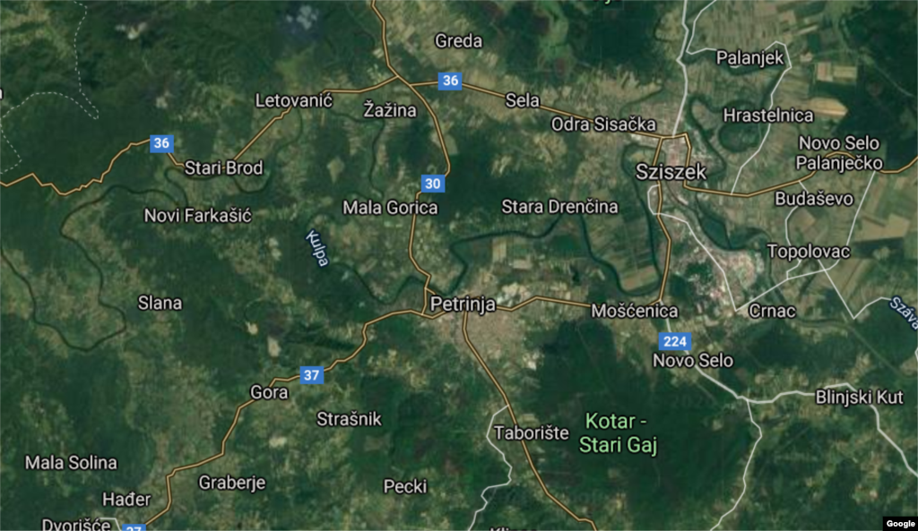 Сеизмолошка мапа на Петриња, град на 46 километри од Загреб, каде бил епицентарот на денешниот земјотрес.