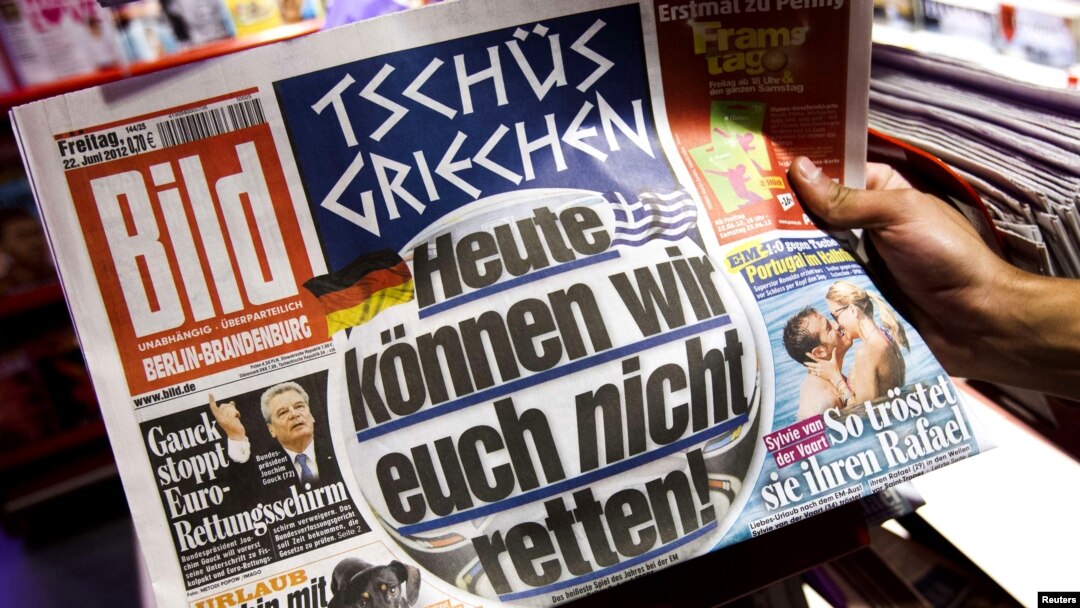 The German tabloid "Bild's" headline says: "Bye-bye, Greece. Today we won't be able to save you!" 