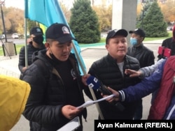 Hours before the premiere of the new Borat film, a small group of Kazakh protesters gathered in front of the U.S. Consulate in Almaty to express anger.