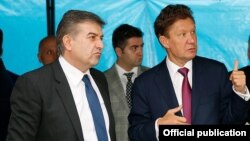 Armenia - Prime Minister Karen Karapetian (L) and Gazprom CEO Alexei Miller visit the site of a children's educational and sporting complex constructed by Gazprom in Yerevan, 16Jun2017.